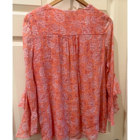 Vince Camuto Womens Pink Paisley Print V-Neck Ruffle Sleeve Sheer Blouse with li - Picture 2 of 11